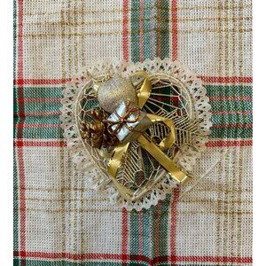Straw Heart Lace Christmas Vintage Ornament Gold Pinecones Package Topper